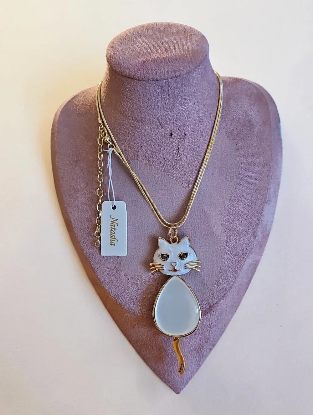 Natasha Couture  Nwt White Cat Pendant Necklace - Gold Chain